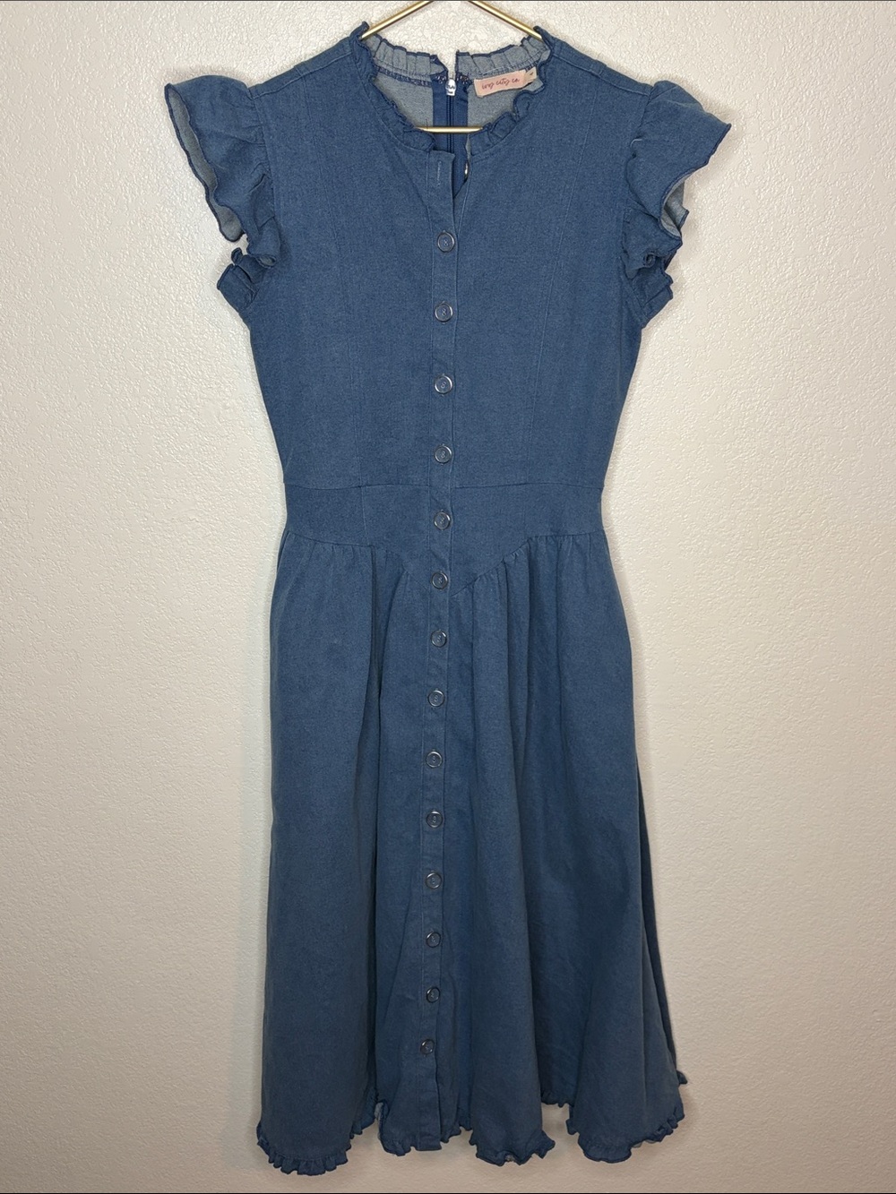 Ivy City Co Blue Denim MIDI Dress Ruffle Trim Button Front Size 4 Western Chic - Picture 2 of 8